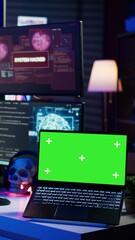 Poster - vertical video hacker doing computer sabotage using trojan ransomware on green screen laptop. cyberc