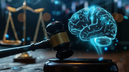 Wall Mural - A gavel placed next to an AI brain hologram, symbolizing the legal challenges and ethical considerations in controlling artificial intelligence technology.