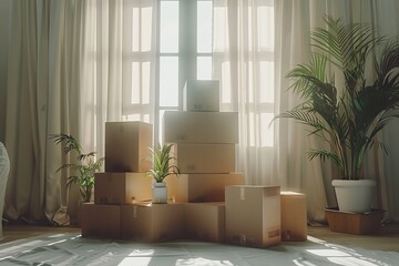 Wall Mural - Sunlit room with stacks of boxes and potted plants, showcasing a clean, modern, and organized setup for unpacking and moving into a cozy, fresh home.