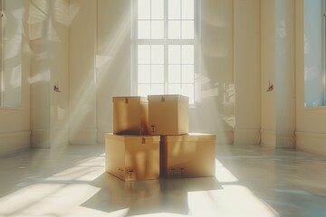 Sticker - Bright room with stacks of boxes, showcasing a clean, modern, and organized setup for unpacking and moving into a fresh, sunlit home.