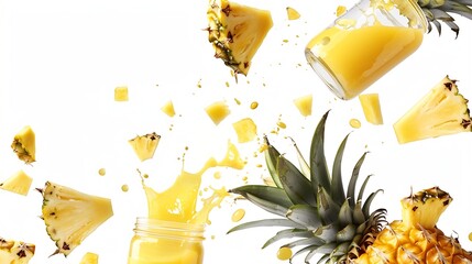 Poster - Fresh juicy tropical fruit pineapple  and smoothie glass jar flying isolated on white background Sliced ananas pineapple and juice  falling : Generative AI