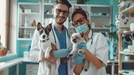 Portrait of happy veterinarians with dog and kitten in hospital : Generative AI