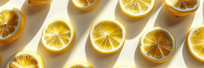 Wall Mural - Slices of Fresh Lemon Artfully Arranged, Bright Yellow Citrus on White, Summery Freshness in Every Detail
