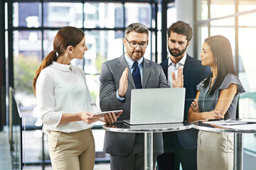 Poster - Business man, laptop and meeting with team for presentation of ideas, proposal or project management. People, group and leader with discussion, brainstorming or listen with computer in modern office