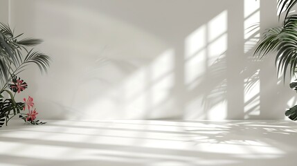 Poster - Abstract white studio background for product presentation Empty room with shadows of window and flowers and palm leaves  3d room with copy space Summer concert Blurred backdrop : Generative AI