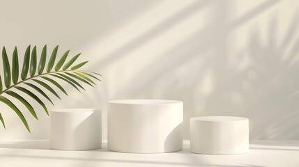 Poster - Three varying height white podiums complemented by a palm leaf on a neutral background ideal for product display : Generative AI