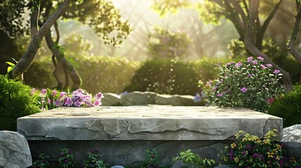 Poster - Front view of the stone podium showcases products in a garden with flowers plants and branches Empty platform : Generative AI