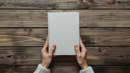 Aufkleber - Hands holding book in hard cover mock up on wood table : Generative AI