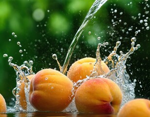 Wall Mural - Ripe apricots fall into the water, creating splashes all around.