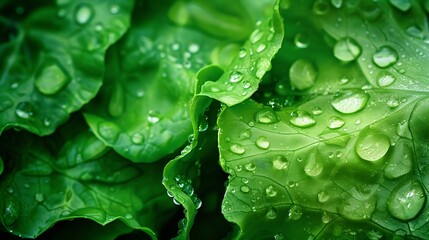 Poster - Green lettuce salad leaves and water drops close up image : Generative AI