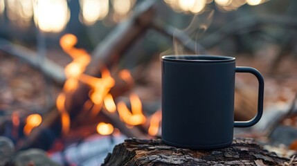 Wall Mural - Captivating Lifestyle Image of Matte Metal Coffee Mug Being Used Outdoors by a Campfire. Concept Outdoor Lifestyle Photography, Camping Theme, Mug Product Shot, Matte Metal Finish, Campfire Setting