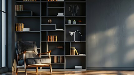Poster - Bookcase with armchair in modern interior of room : Generative AI