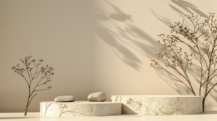 Poster - Composition empty podium material tree stone dry flowers Product presentation Background beige green Beautiful background from natural materials : Generative AI