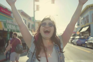 Wall Mural - young beautiful hipster woman in the city street happy and excited celebrating success