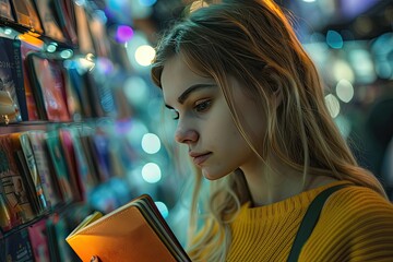 Wall Mural - A woman is looking at a book in a store. She is wearing a yellow sweater and has blonde hair
