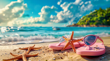 Wall Mural - Sunny Beach Scene with Flip Flops and Starfish on the Sand, Evoking a Relaxed and Joyful Holiday Vibe