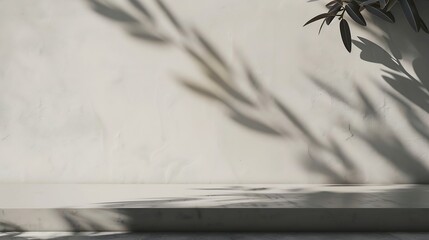 Poster - Background White Wall Studio with  Shadow Leaves light Cement floor Surface Texture BackgroundEmpty Kitchen Room with Podium DisplayTop Shelf BarBackdrop Concrete backgroundCosmetic Pr : Generative AI