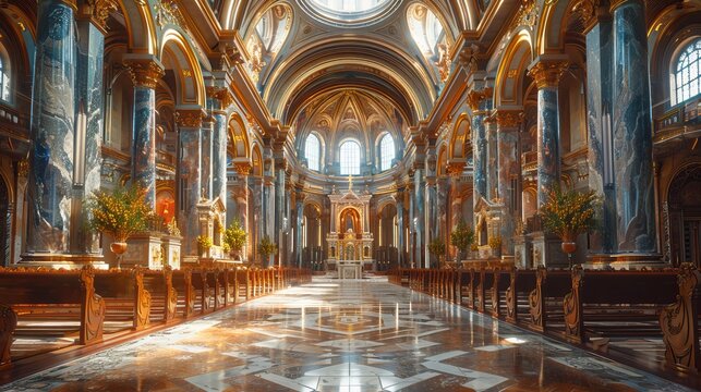 a large, ornate church with a long, empty aisle