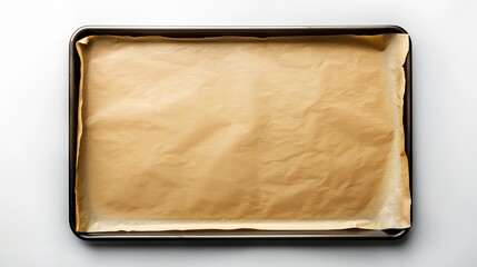 Baking sheet with brown parchment paper isolated on a white background Empty oven tray for baking and roasting Rectangular baking pan for food design Nonstick kitchen utensils Top view : Generative AI