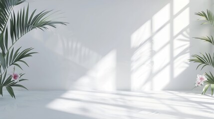 Poster - Abstract white studio background for product presentation Empty room with shadows of window and flowers and palm leaves  3d room with copy space Summer concert Blurred backdrop : Generative AI
