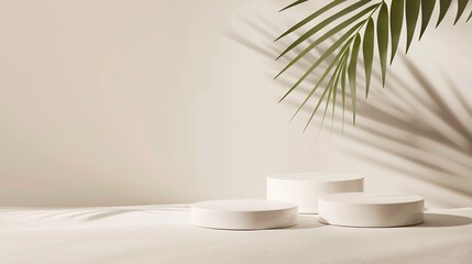 Poster - Three varying height white podiums complemented by a palm leaf on a neutral background ideal for product display : Generative AI