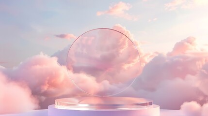 Poster - Front view of transparent podium decorated with pinky cloudy sky background abstract content : Generative AI