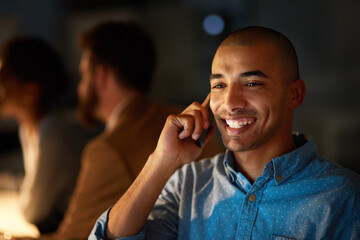 Aufkleber - Happy, man and phone call in office at night with late deadline or contact to client for project. Virtual, chat and person networking with communication in workplace and thinking of future with smile