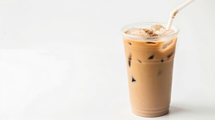 Poster - Iced latte coffee on plastic glass and tubesucking isolated white background summer drink concept : Generative AI
