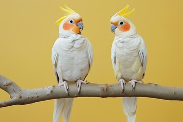 Canvas Print - A curious pair of cockatiels perched on a pale yellow branch, their crests raised in an expression of alertness