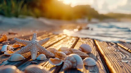 Wall Mural - Tropical Beach with a Collection of Exotic Seashells, Inviting Sandy Shore with Crystal Clear Waters