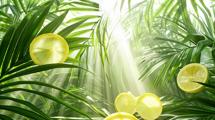 Poster - Vibrant Citrus Fruits Amidst Tropical Leaves, Summer Freshness Concept with Bright, Juicy Lemons and Oranges