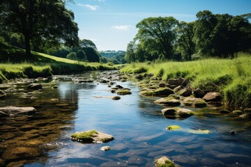 Wall Mural - Green grass next to crystalline stream., generative IA