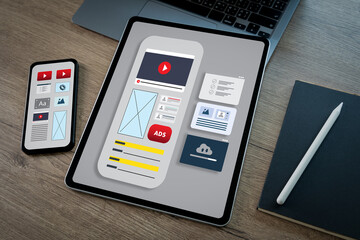 Poster - Creative web content design studio with flying website page layout seo technology businessman hand design on laptop designs for mobile app