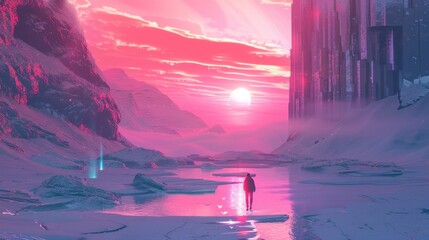 Wall Mural - Beautiful sunset with neon sun and mountains in retro 80s or extraterrestrial styles in high resolution and high quality. landscape,sunset,planet concept