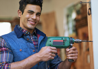 Aufkleber - Man, Carpenter and drill in portrait with smile in workshop, renovation or maintenance services. Male contractor, power tool and happiness for job in construction, home project or repair work