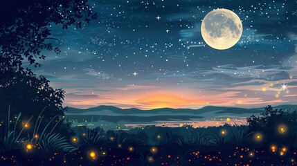 enchanting starry night sky with full moon and fireflies magical summer landscape fantasy nature background vector illustration