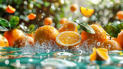 Wall Mural - Vibrant Splash of Citrus, Oranges Falling into Clear Water, Bright Background with Bubbles and Drops