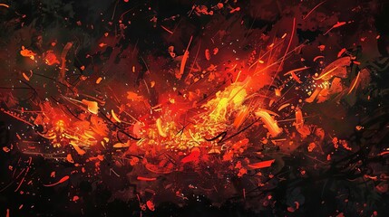 Wall Mural - fiery balefire with bright red hot sparks on black background digital painting