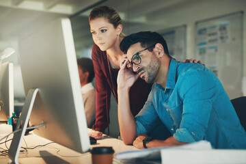 Leinwandbilder - Graphic designer, stress and office for meeting, discussion and problem with project. Creative businesspeople, partnership and collaboration for small business, internet startup and website issue