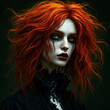 © Aleksei Solovev - A woman with striking red hair and makeup, including dark eye shadow and lipstick. She is wearing a black dress with lace details and has a gothic style. Her hair is styled in loose waves.