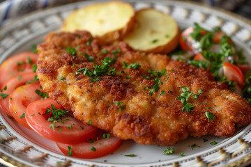 Plate with schnitzel, tomatoes, potatoes, and garnished with parsley.