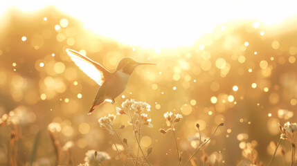Close-Up Magic: Hummingbird and Tiny Flower in Sunlight Harmony
