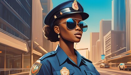 Poster - portrait of a black woman police officer in uniform wearing sunglasses and standing in the street
