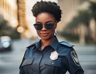 Poster - portrait of a black woman police officer in uniform wearing sunglasses and standing in the street
