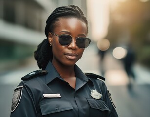 Poster - portrait of a black woman police officer in uniform wearing sunglasses and standing in the street
