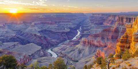 Breathtaking View of Grand Canyon with Sunrise Over Horizons and Majestic Colorado River Creating Stunning Natural Landscape Scenery