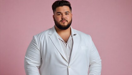 Sticker - chubby overweight male model posing with white aesthetic clothes, pastel pìnk background