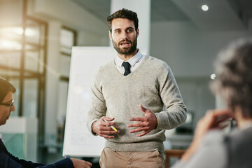 Poster - Man, chart and mentor in meeting for strategy, brainstorming and talking in office presentation. Male person, planning and leader teaching in workshop, speaking and support in staff training for kpi