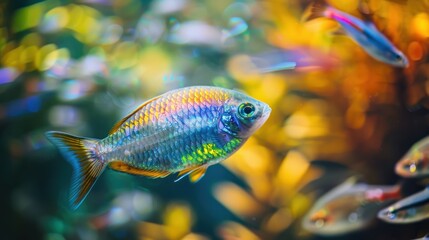 A colorful fish swimming in a tank with green plants