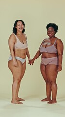 Poster - Women, diversity and body positivity with solidarity for empowerment, community or pride in studio. Girl, portrait and happy for natural, inclusion and aesthetic in underwear with equality or respect